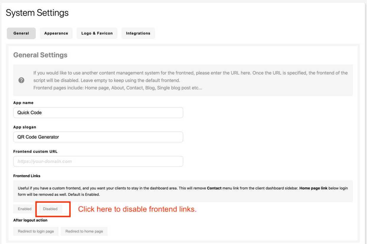 Disable frontend links
